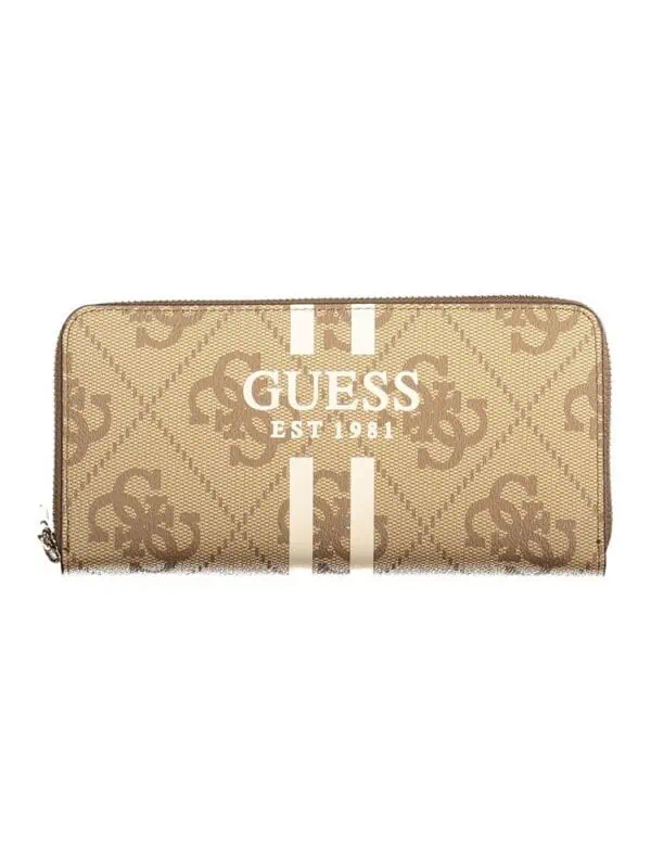 Beige Guess zip-around wallet with logo print, gold-tone hardware, and contrast stripe details, perfect for stylish everyday use.
