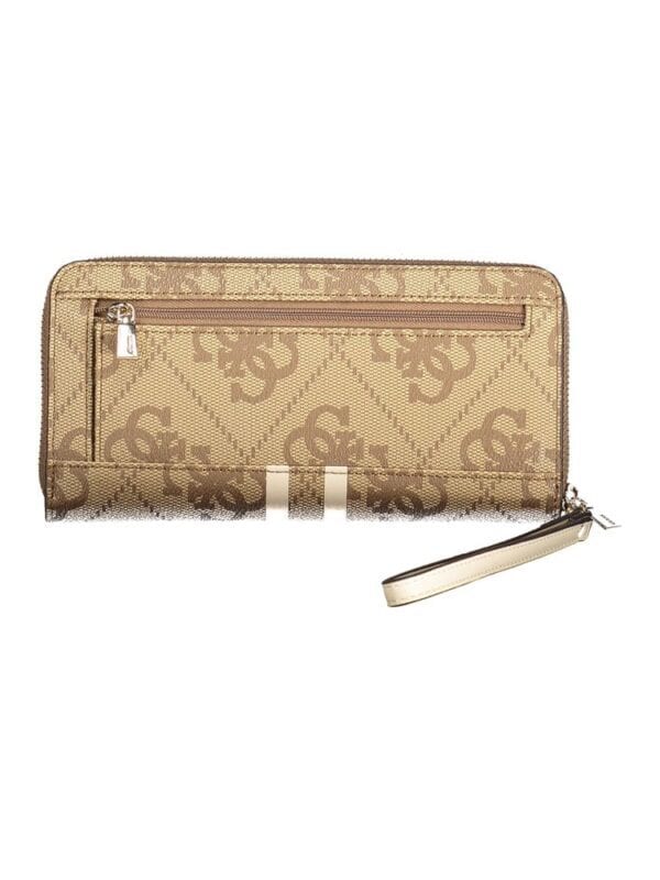 Beige designer clutch wallet with logo pattern, zipper pocket, and wrist strap for luxury fashion accessories.