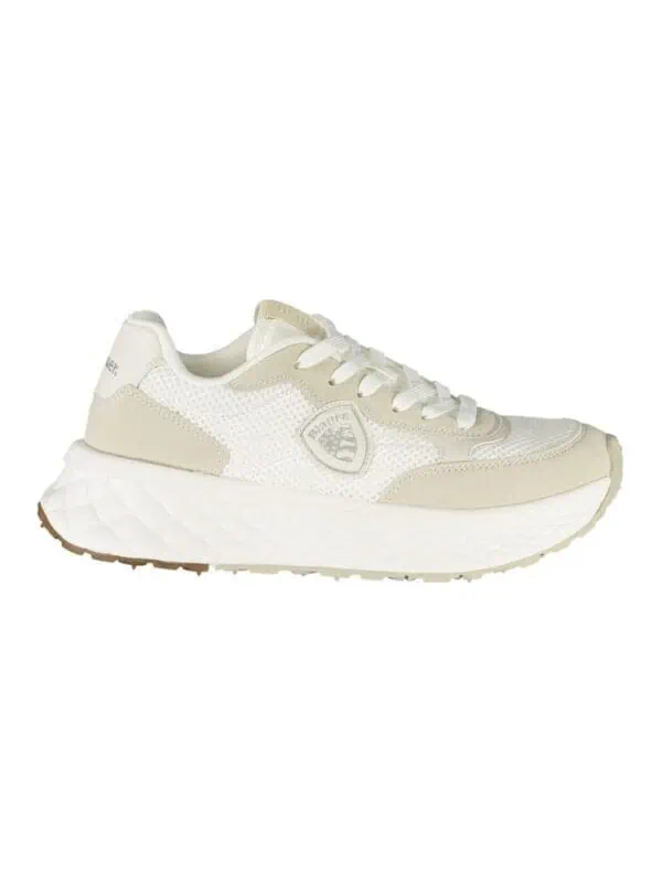 Light beige and white sneakers with cushioned sole, perfect for casual and athletic wear, featuring modern stylish design from Lux Brands.