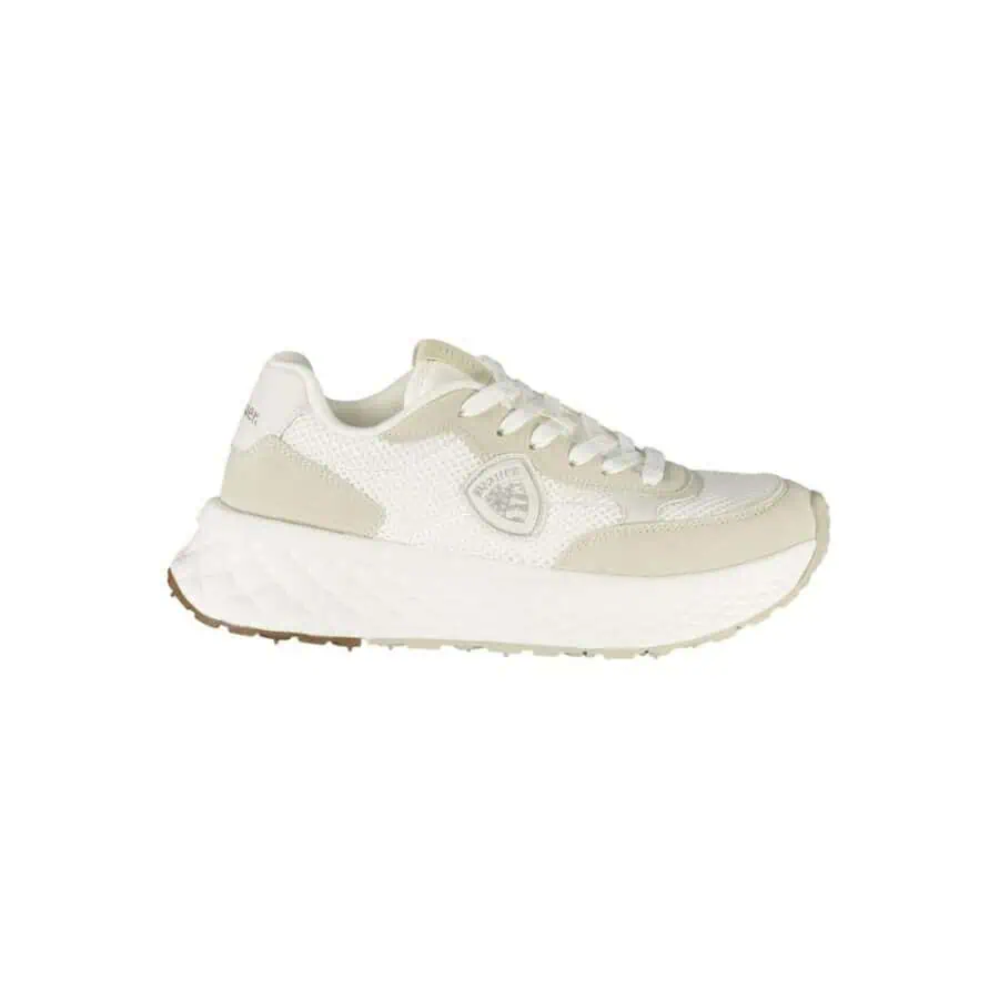 Light beige and white sneakers with cushioned sole, perfect for casual and athletic wear, featuring modern stylish design from Lux Brands.