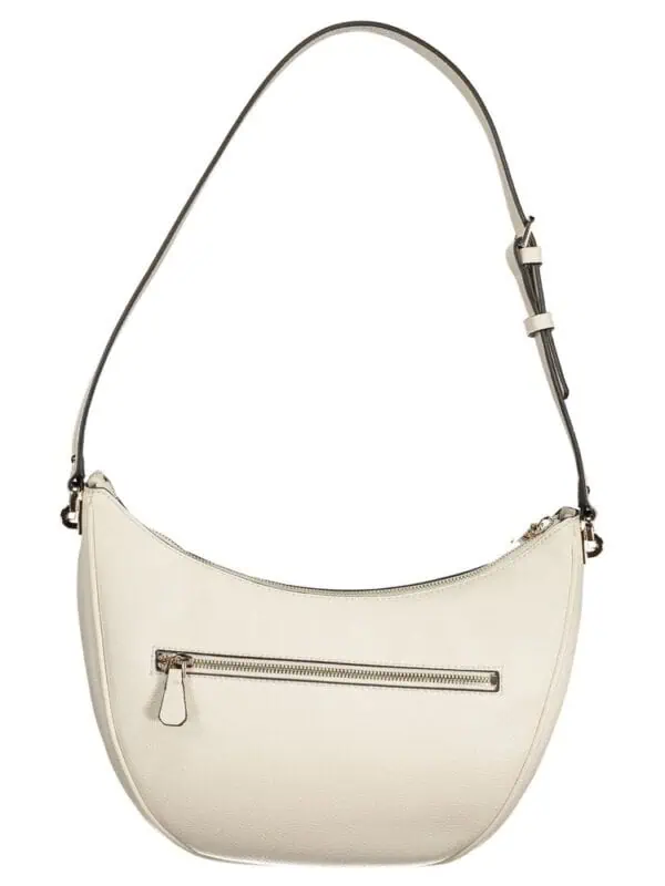 Elegant white leather handbag with silver zipper detail, adjustable strap, and sleek minimalist design perfect for any occasion.