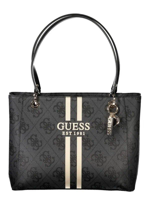 Elegant black Guess tote bag featuring the brand's monogram pattern and logo, perfect for stylish everyday use and accessorizing contemporary outfits.