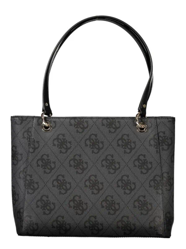 Luxury black designer tote bag with monogram pattern and leather handles. Perfect for stylish, versatile everyday use. Features durable material and elegant hardware accents.
