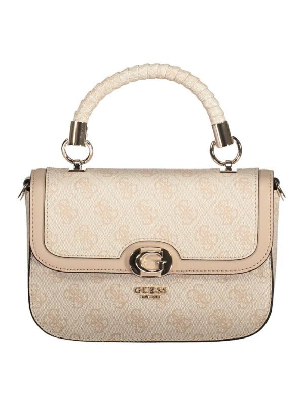 Elegant beige Guess handbag with signature logo print and gold-tone hardware, featuring a top handle wrapped in woven material for a chic and sophisticated look.