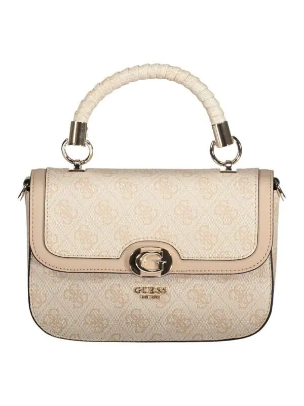 Elegant beige Guess handbag with signature logo print and gold-tone hardware, featuring a top handle wrapped in woven material for a chic and sophisticated look.