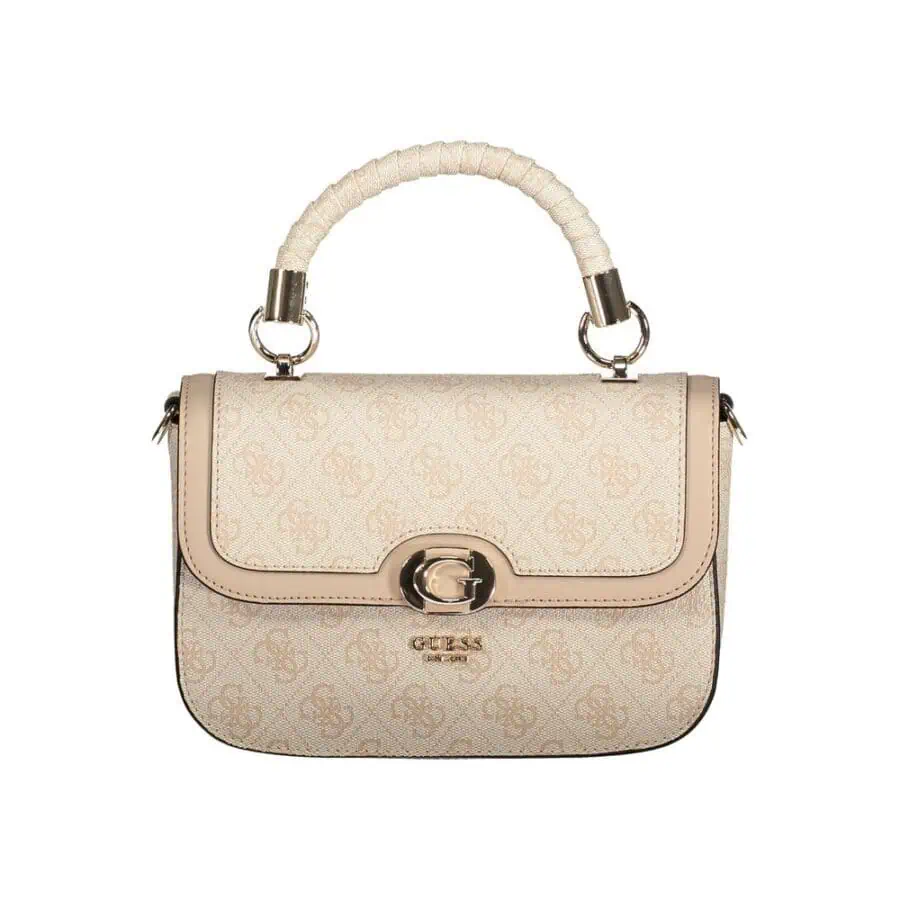 Elegant beige Guess handbag with signature logo print and gold-tone hardware, featuring a top handle wrapped in woven material for a chic and sophisticated look.