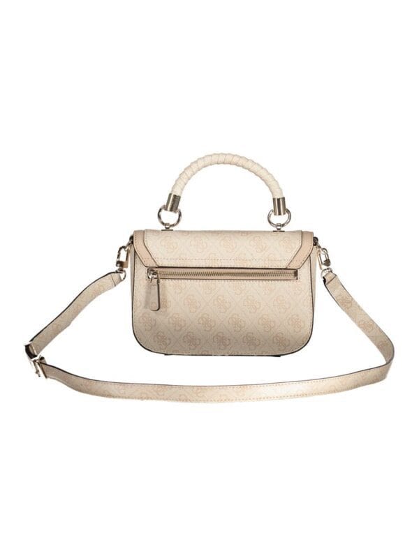 Lux Brands designer handbag with top handle and adjustable shoulder strap in cream color. Featuring a zippered front pocket and subtle branded pattern throughout. Perfect for stylish everyday use.