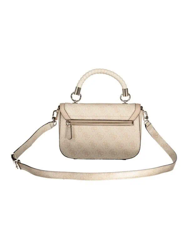 Lux Brands designer handbag with top handle and adjustable shoulder strap in cream color. Featuring a zippered front pocket and subtle branded pattern throughout. Perfect for stylish everyday use.