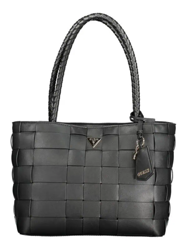 Soft black Guess tote bag with woven faux leather design, padded braided handles, gold-tone logo accents, and a branded keychain for a stylish and luxurious accessory.