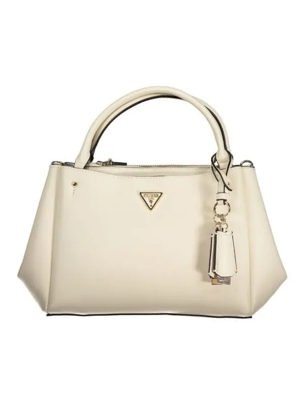 Elegant white Guess designer handbag with gold accents and a structured shape for versatile style daily or special occasions.