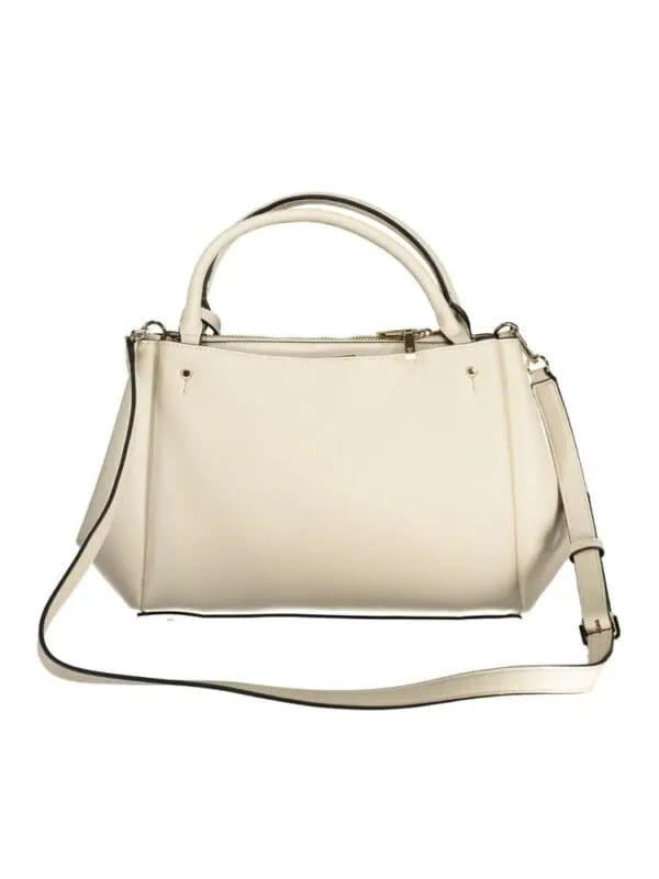 Cream-colored designer handbag with top handle and adjustable shoulder strap, featuring sleek silver hardware and a zippered closure. Perfect for stylish everyday use.