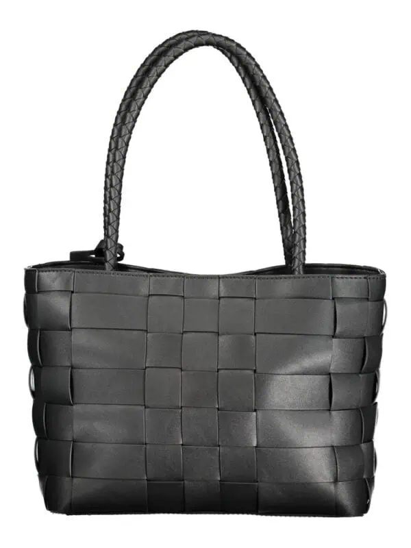 Black woven leather tote bag with braided handles, stylish and spacious for daily use. Perfect for fashion-forward individuals seeking luxury accessories.