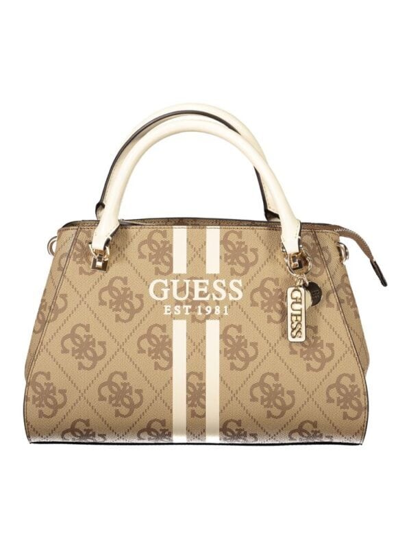 Lux Guess handbag with monogram pattern, beige and white design, and stylish metal logo accents.