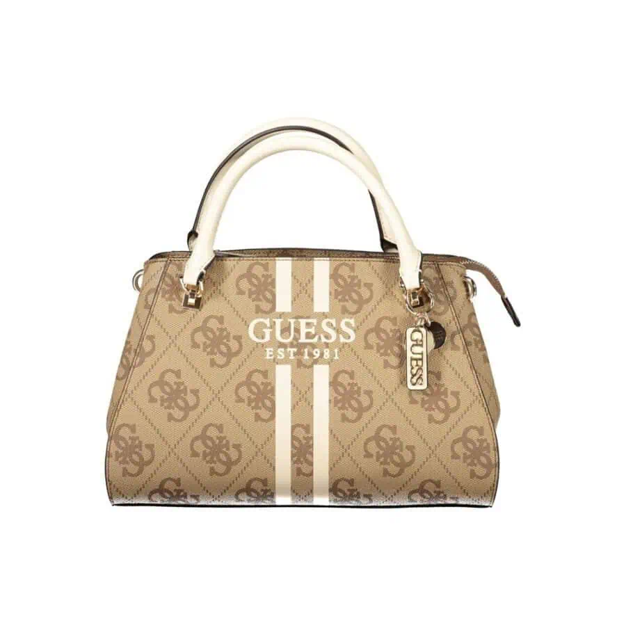 Lux Guess handbag with monogram pattern, beige and white design, and stylish metal logo accents.