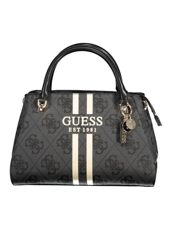 Black Guess branded handbag with logo pattern, striped design, and metallic accents, perfect for stylish everyday use.