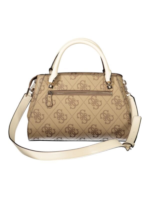Lux Brands designer beige tote bag with monogram pattern, dual handles, and adjustable shoulder strap for versatile style. Perfect for chic, everyday use.
