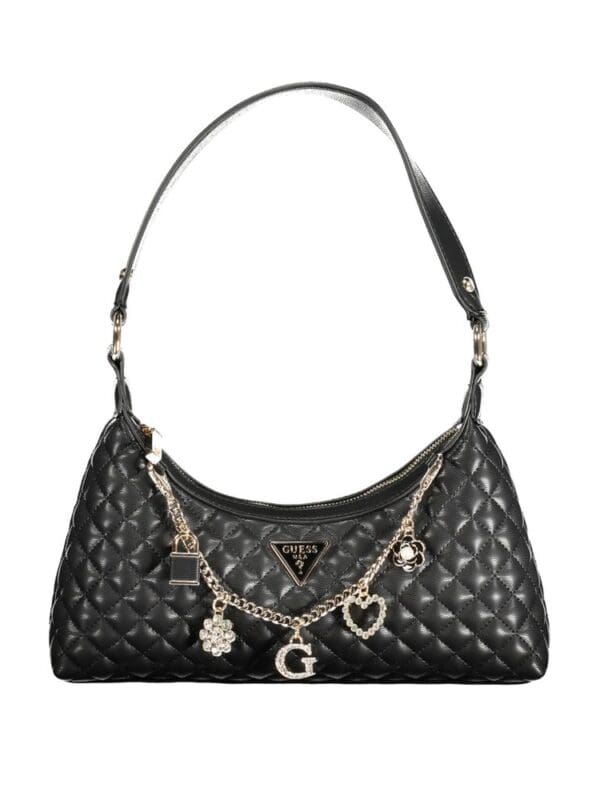 Guess black quilted shoulder bag with gold charms and logo, stylish and versatile for daily wear.