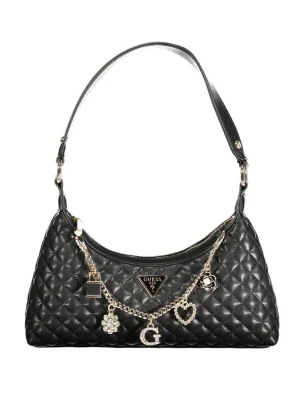 Guess black quilted shoulder bag with gold charms and logo, stylish and versatile for daily wear.
