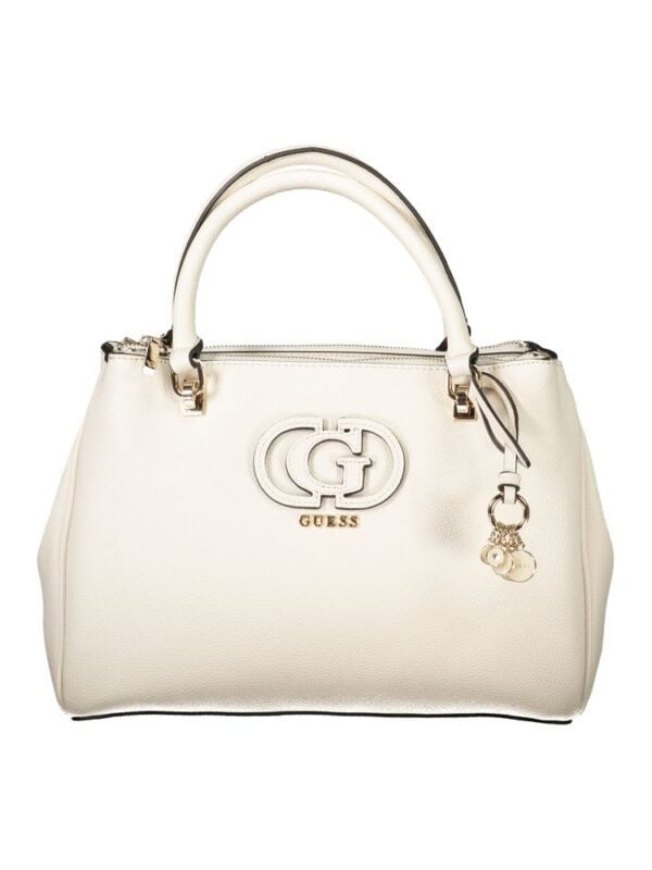 Elegant white Guess handbag with gold accents, structured design, and stylish logo details, perfect for luxury accessories and everyday use.