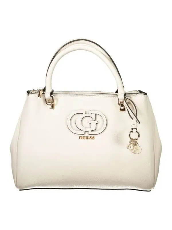 Elegant white Guess handbag with gold accents, structured design, and stylish logo details, perfect for luxury accessories and everyday use.