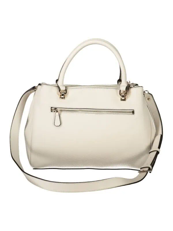 Elegant white leather handbag with top handles, adjustable shoulder strap, and front zip pocket for versatile style and organization.