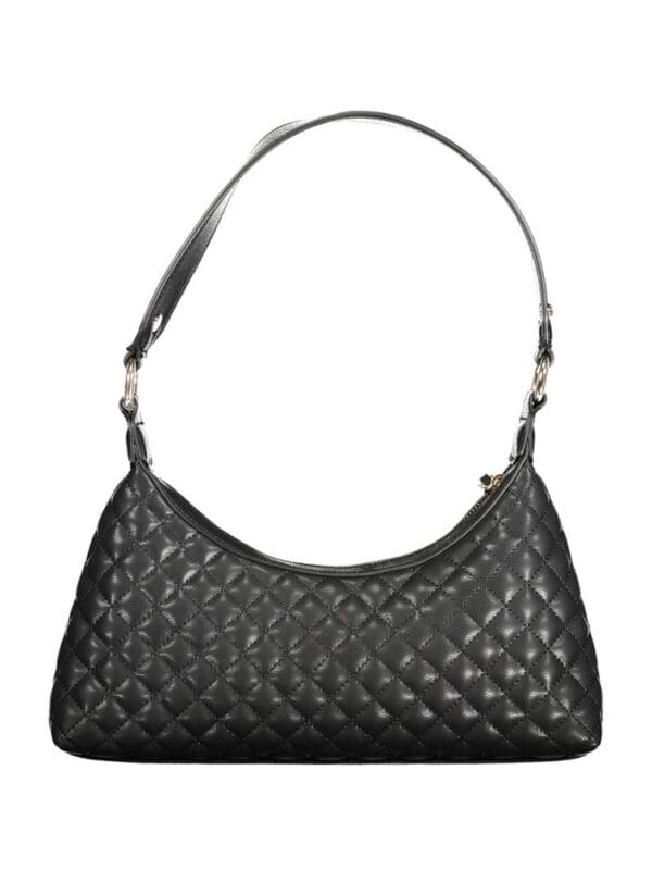 Black quilted leather handbag with silver hardware, stylish and spacious for everyday use. Luxurious designer accessory perfect for elevating any outfit.