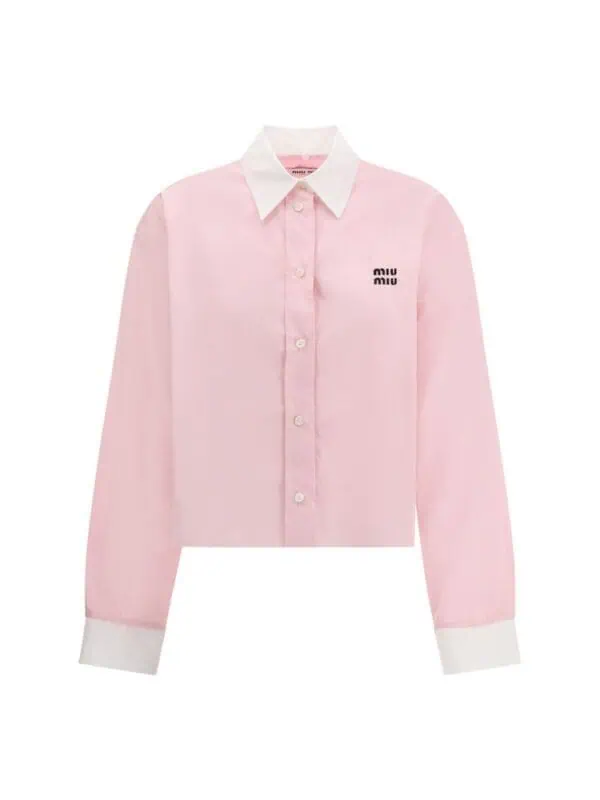 Pink Miu Miu logo embroidered collared shirt with long sleeves and button-up front.