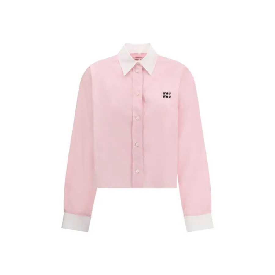 Pink Miu Miu logo embroidered collared shirt with long sleeves and button-up front.