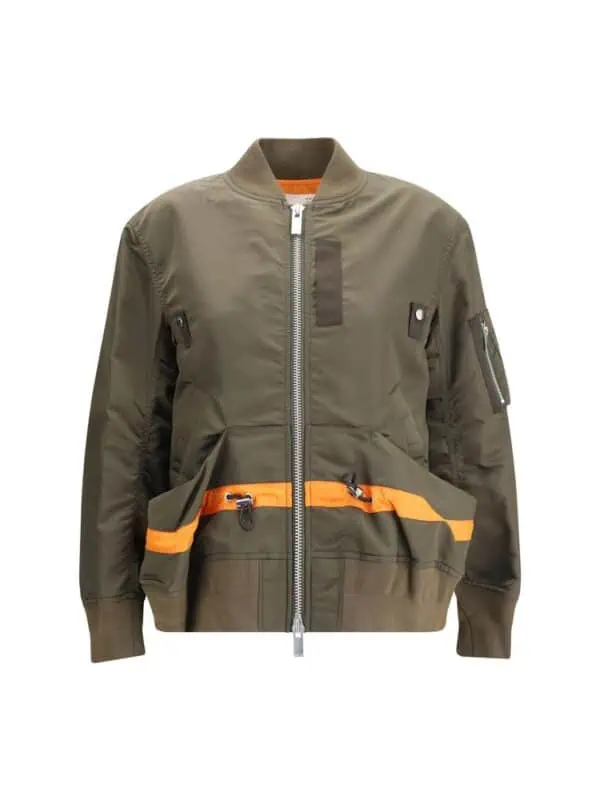 High-quality olive green bomber jacket with orange accents, zipper closure, multiple pockets, and adjustable features for a stylish, functional streetwear look. Perfect for casual and outdoor wear.