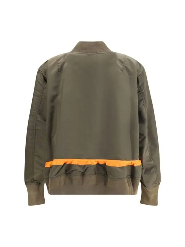 Olive green bomber jacket with orange accent at hem, front view, stylish casual men's outerwear, high-quality fabric, modern design from Lux Brands.