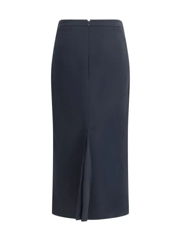 Elegant navy high-waisted midi skirt with front slit and tailored fit, perfect for chic office wear or sophisticated occasions. Made from high-quality fabric for a luxurious look.