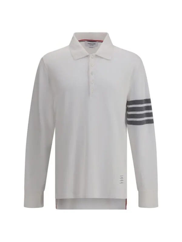 Men's white long sleeve polo shirt with black stripes on sleeve, classic collar, and button-up front, suitable for casual or sporty occasions.