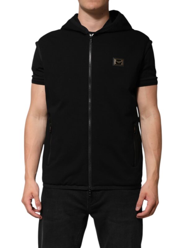 Dolce & Gabbana Black Sleeveless Hooded Logo Plaque Jacket