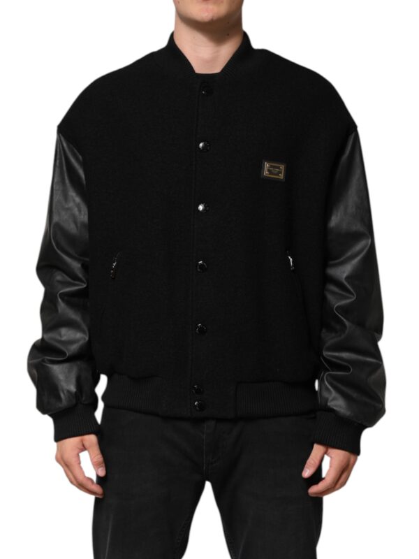 Dolce & Gabbana Black Wool Logo Plaque Bomber Jacket