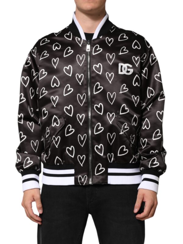 Dolce & Gabbana Black Polyester Heart Print Bomber Jacket
