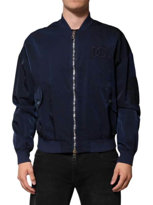 Dolce & Gabbana Blue Nylon DG Embroidery Men Bomber Jacket