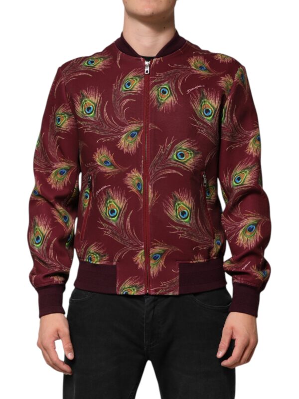 Dolce & Gabbana Maroon Peacock Feather Print Bomber Jacket