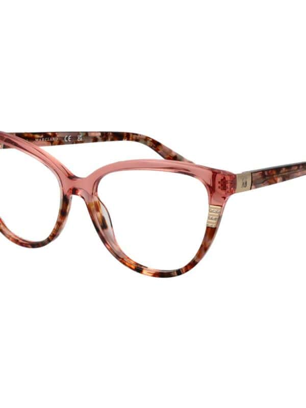 Pink and tortoiseshell patterned designer eyeglasses with gold accents and a modern, stylish frame.