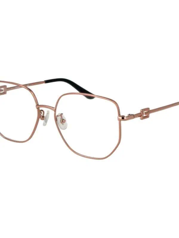 Thin rose gold metal frame eyeglasses with adjustable nose pads and black temple tips for a chic and sophisticated look.