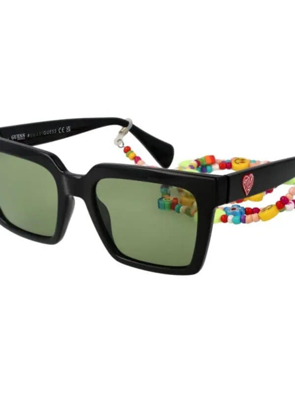 Colorful Beaded Children's Sunglasses with Black Frame and Green Lenses, Perfect for Kids.