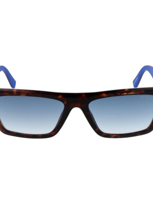 Tortoiseshell rectangular sunglasses with blue accents on the temples and gradient lenses, stylish for both men and women.