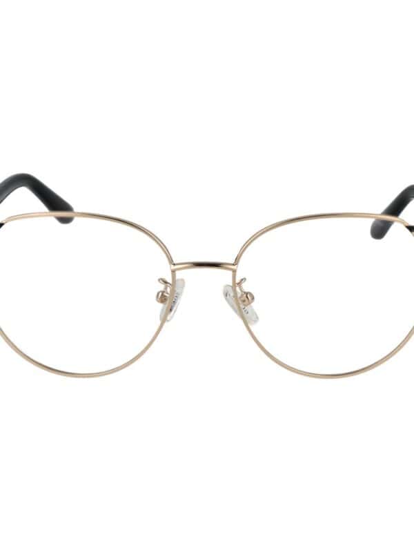 Elegant women's designer eyeglasses with gold and black frame, stylish round lenses, and adjustable nose pads for a sophisticated look. Perfect for fashion-forward individuals.