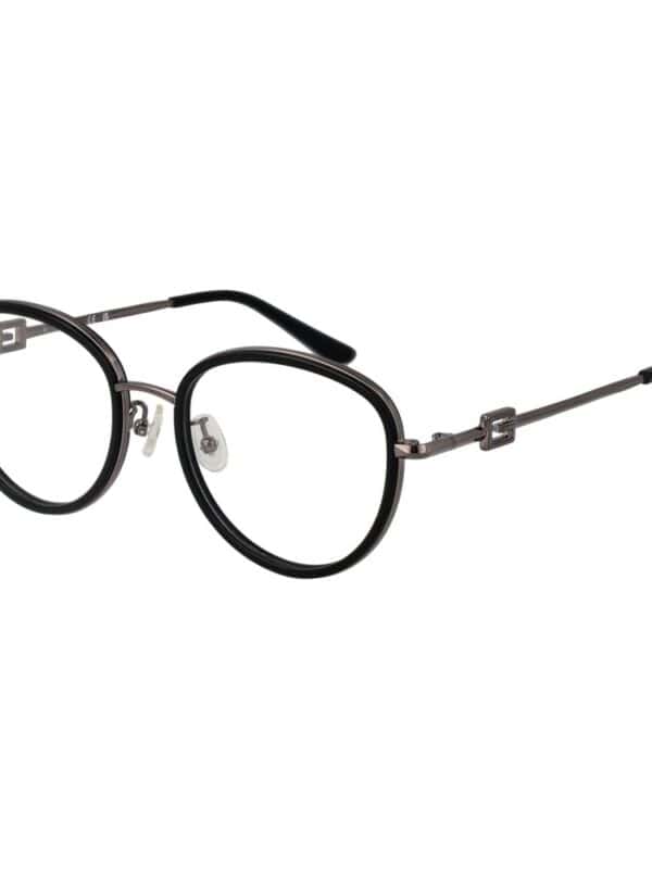 Elegant black and metallic metal frame eyeglasses with adjustable nose pads, perfect for fashion-forward individuals seeking a sophisticated look.