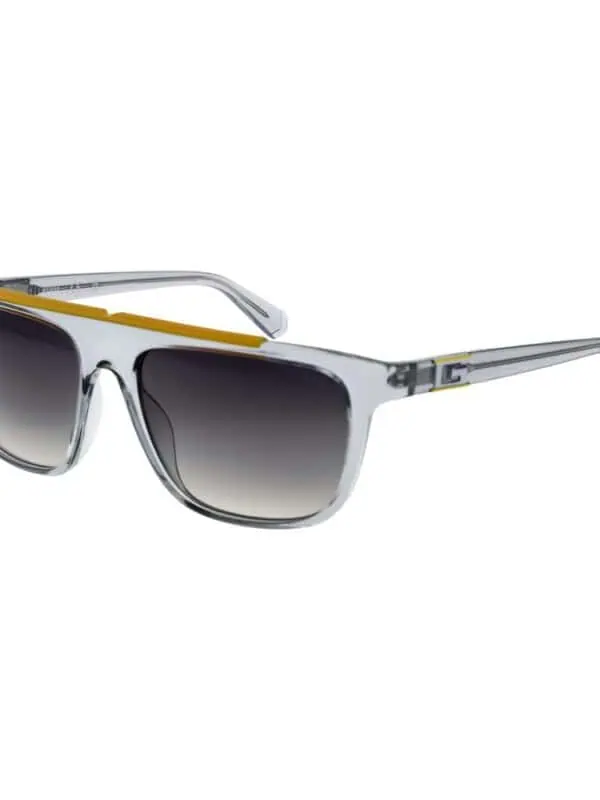 Sunglasses with black gradient lenses, white and yellow frame, modern design for stylish sun protection.