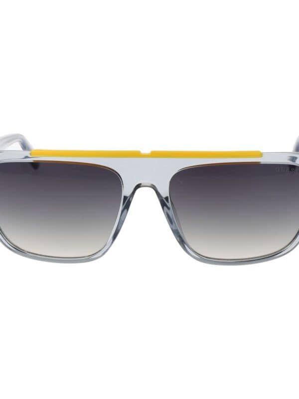 Bold oversized clear frame sunglasses with gray gradient lenses, featuring a yellow accent strip across the top for a trendy summer accessory.