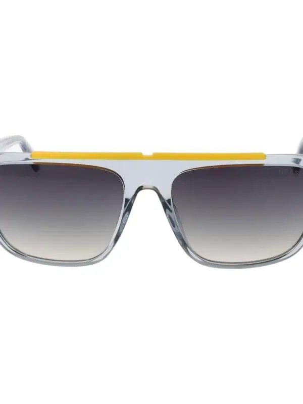 Bold oversized clear frame sunglasses with gray gradient lenses, featuring a yellow accent strip across the top for a trendy summer accessory.