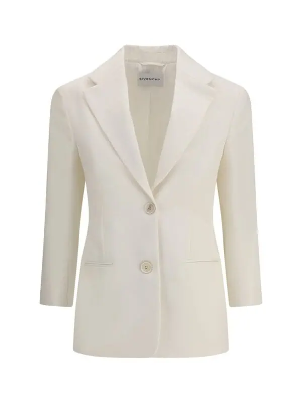 Elegant white tailored blazer from Givenchy, featuring a classic lapel collar, structured design, and two-button closure for a sophisticated look. Perfect for stylish and formal occasions.