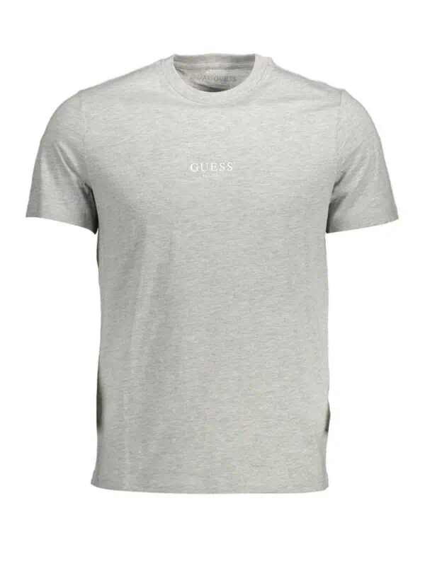 GUESS men's light grey crewneck T-shirt with minimalist logo print, stylish casual wear.