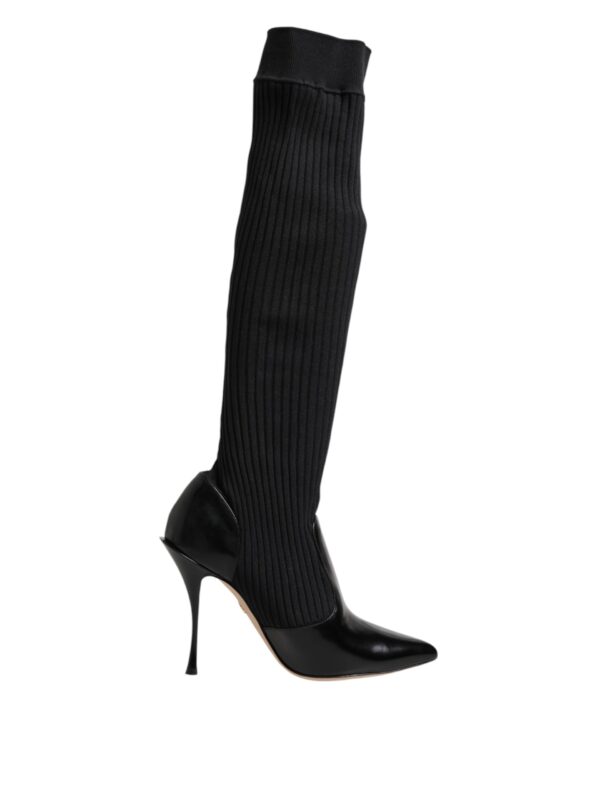 Dolce & Gabbana Black Leather Ribbed Knit Knee Boots Shoes