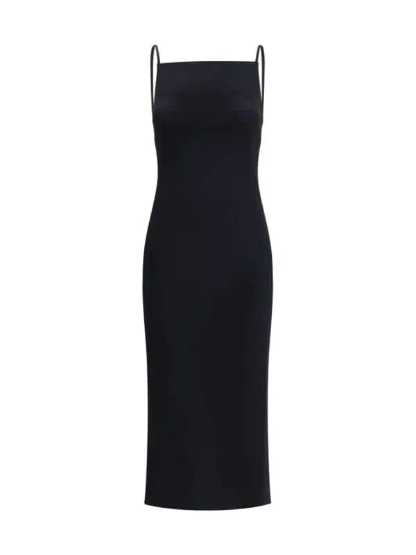 Elegant black maxi slip dress with spaghetti straps, perfect for formal occasions and night outs. Luxurious and stylish, designed for a sleek and sophisticated look.